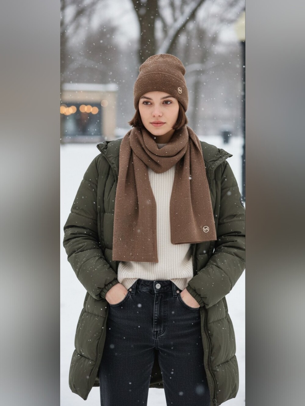 NWT NEW Michael Kors Knit 2 Piece Studded Hat and Scarf SET Beige Tan